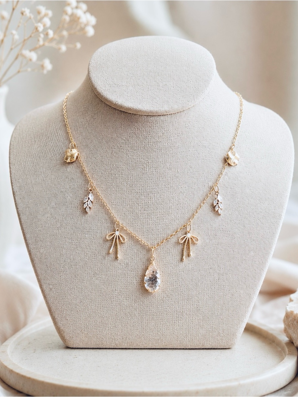 Gold Crystal Teardrop Charm Necklace